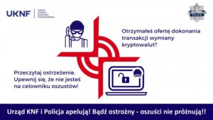 Plakat ostrzegający przed oszustami finansowymi