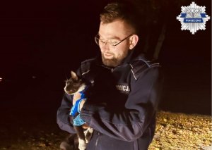 Umundurowany policjant trzyma na rękach uratowanego kota