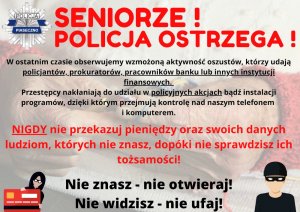 Plakat z ostrzeżeniem seniorów przed oszustami