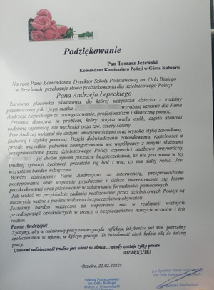 Podziękowanie jakie wpłynęło na ręce Komendanta Komisariatu Policji w Górze Kalwarii