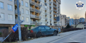 Samochód, który brał udział w kolizji z widocznymi wyciekami, zniszczony słupek przystanku autobusowego