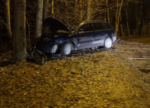 Uszkodzony samochód marki vw, rozbity na przydrożnym drzewie