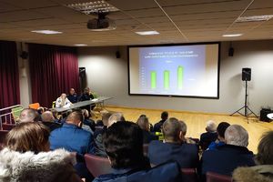 mieszkańcy siedzą na sali widowiskowej, przed nimi jest wyświetlana prezentacja