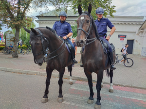 Na zdjęciu są dwa konie policyjne na których siedzą umundurowani policjanci.