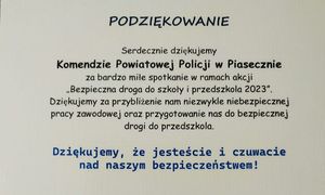 podziękowanie przedszkolaków policjantom z Komendy Powiatowej Policji w Piasecznie