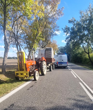 ciągnik rolniczy z naczepą, w tle policyjny radiowóz