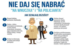 Na plakacie jest dwoje staruszków. Nad nimi jest duży napis: Nie daj się nabrać na policjanta i na wnuczka. Wokół staruszków są ostrzeżenia i porady jak nie paść ofiarą oszusta.