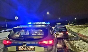 auto zatrzymane do kontroli drogowej, w tle radiowóz