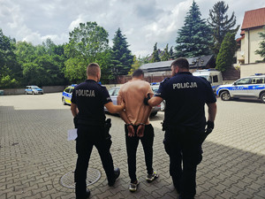 policjanci z zatrzymanym mężczyzną idący w kierunku policyjnego radiowozu. mężczyzna ma założone kajdanki na ręce trzymane z tyłu