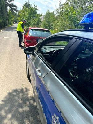 auto zatrzymane do kontroli drogowej, obok niego policjant