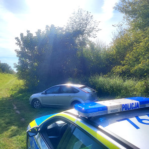 policyjny radiowóz i auto stojące obok zarośli przy wale wiślanym