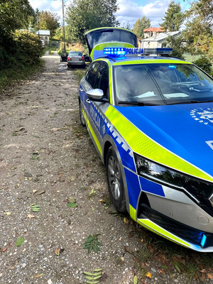 auto zatrzymane do kontroli drogowej, obok radiowóz