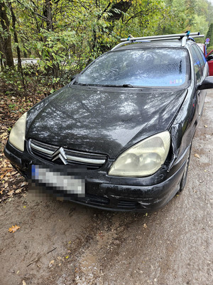 zatrzymane do kontroli auto - czarny citroen, w tle las