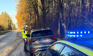 auto zatrzymane do kontroli drogowej, w tle policyjny radiowóz