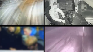 ekran podzielony na cztery okna, w każdym z nich widoczny jest inny fragment nagrania z drifftowania kierowcy autobusu