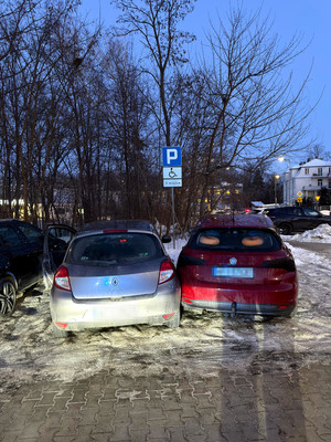 dwa pojazdy zaparkowane na miejscach oznaczonych znakiem D-18 z tabliczką T-29