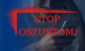 tło granatowe z napisem STOP OSZUSTOM