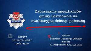 plakat na debatę społeczną - granatowe tło a na nim napisy: "Zapraszamy mieszkańców gminy Lesznowola na ewaluacyjną debatę społeczną", "Kiedy? 26 marca o godzinie 14:00", "Gdzie? Świetlica Gminnego Ośrodka Kultury, ul. Przyszłości 8, 05-552 Łazy"