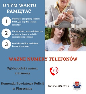 Plakat z radami dla seniorów, jak nie zostać ofiarą oszustwa.